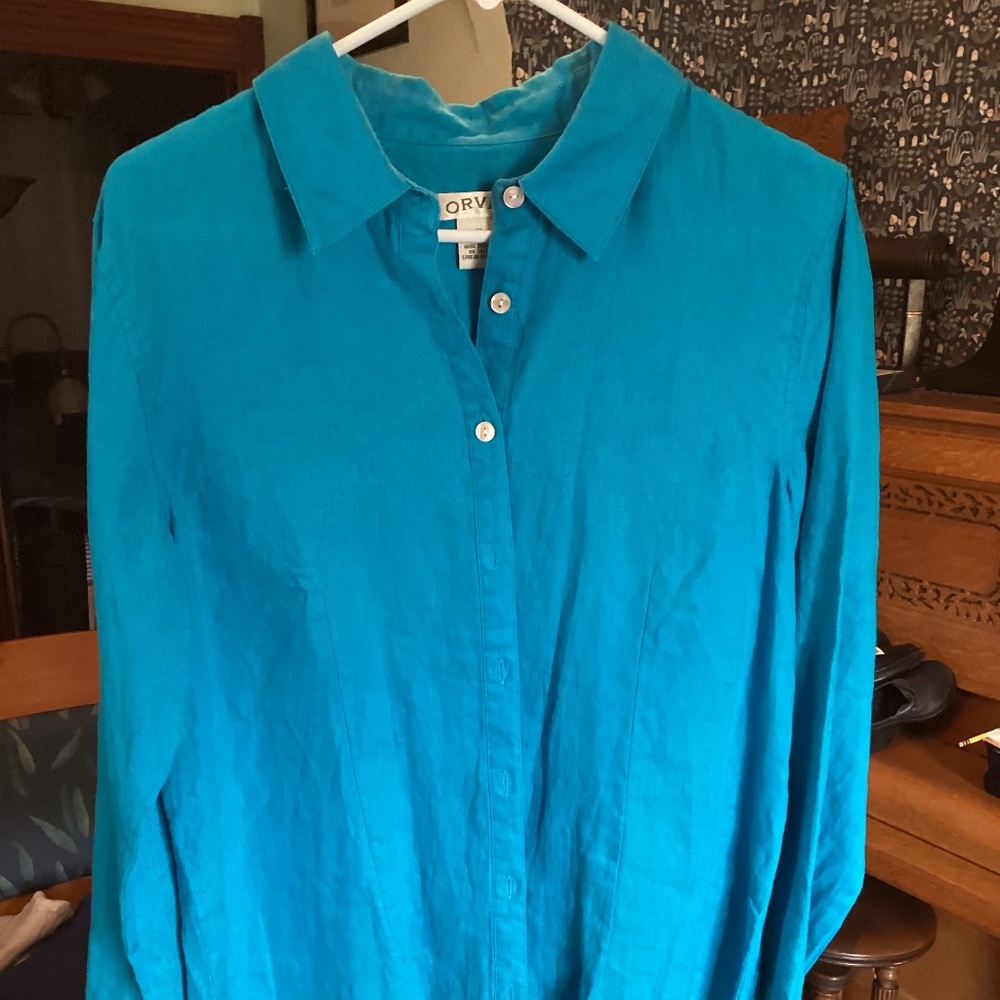 Orvis 100% linen shirt, size 12, peacock blue